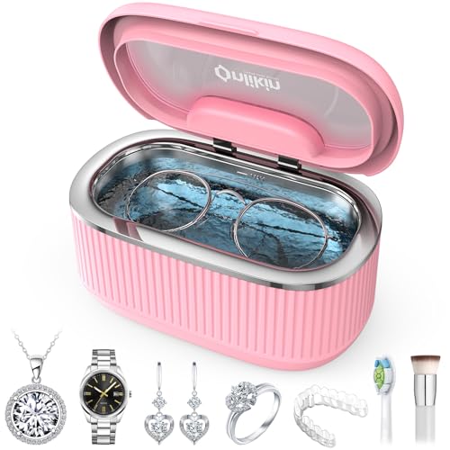 35W Ultrasonic Jewelry Cleaner, 45KHz Retainer Cleaner for Jewelry, 5 Timer & 3 Power Modes, Eyeglasses, Rings, Watch Strap, Dentures - 20oz, 304 Stainless Steel Tank, Quiet <38dB (Pink) - color: Pink