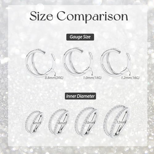 GAGABODY Conch Piercing Double Open Stack with CZ 16 Gauge Hoop Earrings 18g Septum Jewelry 20g Septum Ring Daith Earrings 316L Surgical Steel Lip Rings Helix Rook Cartilage Earrings Hoop - color: Style9:Silver+Double Hoop CZ