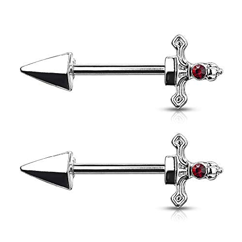 Pierced Owl - 14GA 316L Stainless Steel Red Gem Set Dagger Nipple Barbells, Sold as A Pair - style: Silver Tone