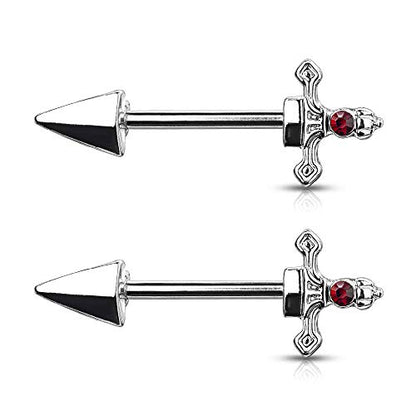 Pierced Owl - 14GA 316L Stainless Steel Red Gem Set Dagger Nipple Barbells, Sold as A Pair - style: Silver Tone