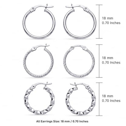 Charmsy Set of 3 Pairs 925 Sterling Silver Hoop Earrings for Women | Lightweight Italian 2.5mm Tube Diamond-Cut Classic Texured Click-Top Hoops Earring | Size 12/13/15/18/20/25mm - color: Tri-PAIR-18mm
