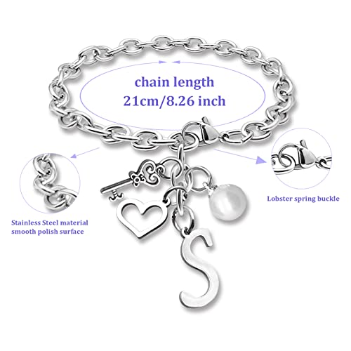 Initial A-Z Bracelets Gift for Women Girls Stainless Steel Chain Bracelet 26 Alphabet Jewelry Gifts for Birthday Anniversary Letter Bracelet Monogram Gifts for Sister Friend Girlfriends Mom 8.26 Inch - color: S