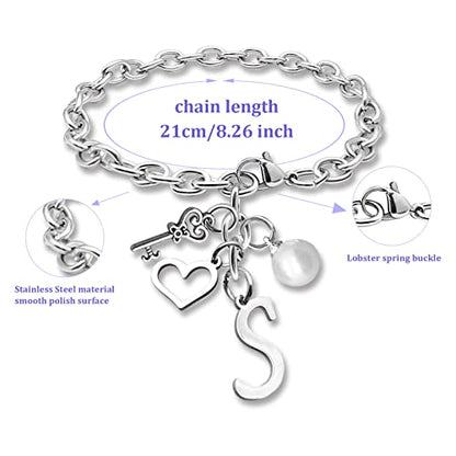 Initial A-Z Bracelets Gift for Women Girls Stainless Steel Chain Bracelet 26 Alphabet Jewelry Gifts for Birthday Anniversary Letter Bracelet Monogram Gifts for Sister Friend Girlfriends Mom 8.26 Inch - color: S