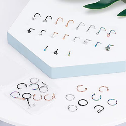 35-70 PCS 18G 20G Nose Rings for Women & Men - Gold Hoops, L Shape, Studs & Screw - 316L Surgical Stainless Steel - color: Color D-40pcs