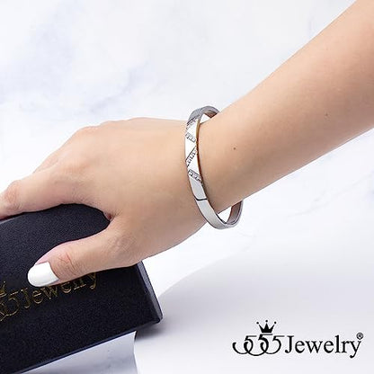 555Jewelry Womens Sparkling Cubic Zirconia Secure Hinge Lock Bangle Stainless Steel Bracelet - color: Silver Style 2