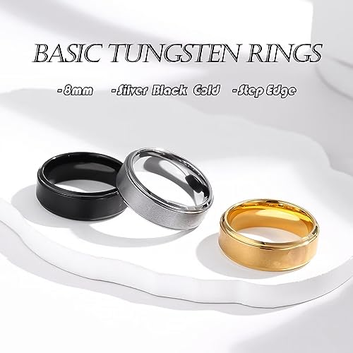 6mm 8mm Men Women Black Silver Gold Tungsten Carbide Rings Wedding Bands Matte Brushed Finish Beveled Step Edges - color: silver 8mm step