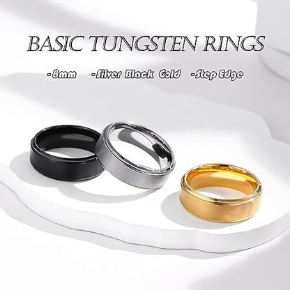 6mm 8mm Men Women Black Silver Gold Tungsten Carbide Rings Wedding Bands Matte Brushed Finish Beveled Step Edges - color: silver 8mm step