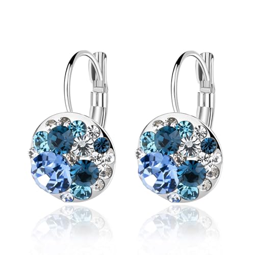 Multicolored Austrian Crystal Leverback Earrings for Women 14K Gold Plated Dangle Hoop Earrings Hypoallergenic Jewelry - color: Blue Main Crystal/Silver-tone