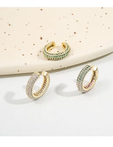 Ear Cuffs for Women - CZ Paved Hoop Conch Cuff Earrings for Men - Sparkle Rhinestones Clip On Wrap Earrings Non Pierced - color: Gold - Green