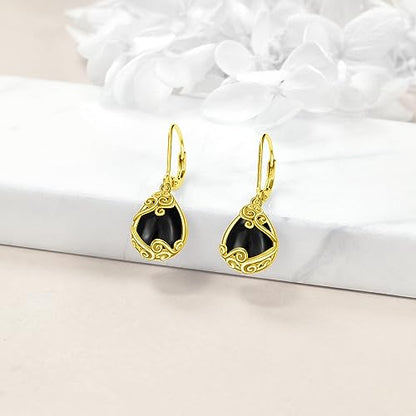 Sterling Silver Black Onyx Earrings for Women 18K Yellow Gold Plated Jewelry Gifts - style: Filigree Teardrop