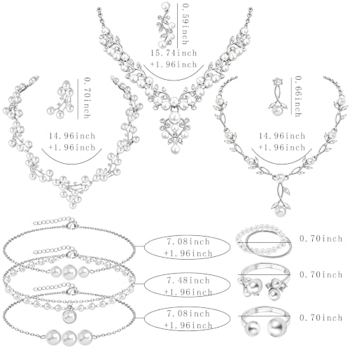NEWITIN 15 Pieces Pearl Jewelry Set for Women Wedding Costume Accessories | Hypoallergenic, Cubic Zirconia, CZ Necklaces Earrings Bracelets Rings, Silver Jewelry for Wedding Bride Bridesmaid Party Prom - color: Silver Pearl A