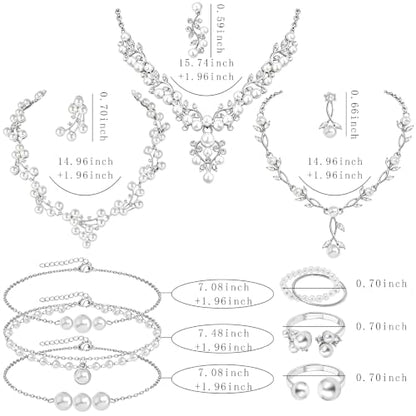 NEWITIN 15 Pieces Pearl Jewelry Set for Women Wedding Costume Accessories | Hypoallergenic, Cubic Zirconia, CZ Necklaces Earrings Bracelets Rings, Silver Jewelry for Wedding Bride Bridesmaid Party Prom - color: Silver Pearl A