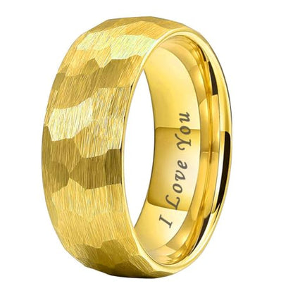 TUTISS 6mm 8mm Silver/Black/Gold/Rose Gold Hammered Tungsten Rings for Men Women Couple Fashion Jewelry Engagement Wedding Bands Domed Matte Finish Comfort Fit - color: 8mm Gold I Love You Engraved