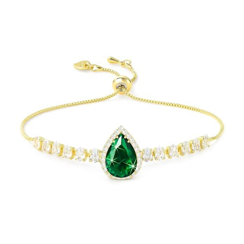 Linawe Crystal Imitation Diamond Rhinestone Charm Bracelets for Women, Gold/Silver/Rose Gold Adjustable Chain Bracelet, Teardrop Birthstone Cubic Zirconia Prom Costume Wedding Jewelry - color: Gold,May