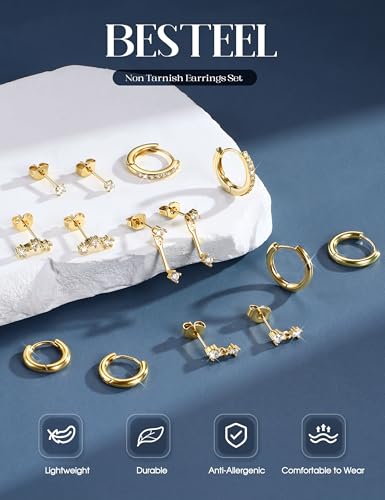 BESTEEL 7Pairs Hypoallergenic Gold Plated Earrings for Women Earring Stacks | Trendy Small Stud Huggie Hoop Earring Stacks Set Surgical Steel Cartilage Helix Jewelry for Sensitive Ears Birthday Gifts - style: G - Small