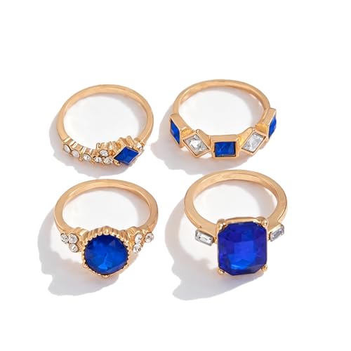 14K Gold Plated Stackable Rings Set for Women, Green Crystal Rhinestone Statement Rings, Vintage Knuckle Rings for Daily Party Wedding Prom Fashion Jewelry Gift - color: Blue