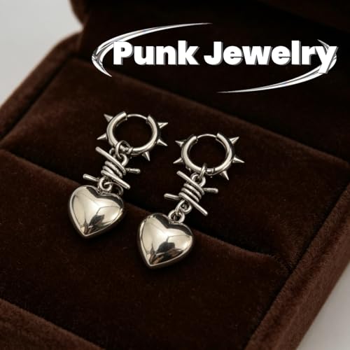 Punk Silver Heart Dangle Earrings with Spiked Huggie, Stainless Steel Gothic Spiky Hoop Earrings, Emo Y2K Edgy Jewelry for Women Streetwear Gift