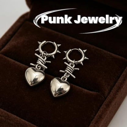 Punk Silver Heart Dangle Earrings with Spiked Huggie, Stainless Steel Gothic Spiky Hoop Earrings, Emo Y2K Edgy Jewelry for Women Streetwear Gift