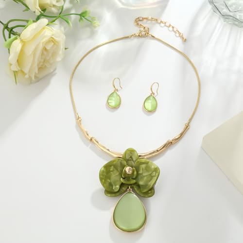 Vintage Statement Jewelry Set - Chunky Flower Floral Plant Geometric Resin Bib Necklace Earring Set Bohemian Boho Crystal Rhinestone Fashion Jewelry for Women Bridal Party Prom Unique Gift - style: MLJS2604-Green