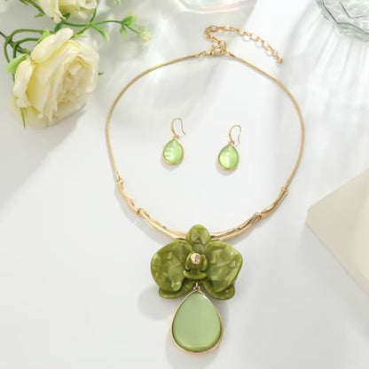Vintage Statement Jewelry Set - Chunky Flower Floral Plant Geometric Resin Bib Necklace Earring Set Bohemian Boho Crystal Rhinestone Fashion Jewelry for Women Bridal Party Prom Unique Gift - style: MLJS2604-Green