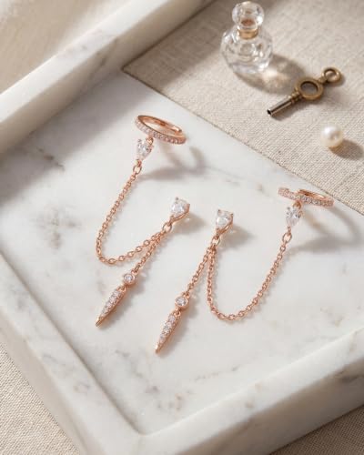 Gold Earrings for Women Trendy 14K Gold Plated Dangle Earrings Small Hoop Huggie Drop Stud Earrings Cubic Zirconia Simple Minimalist Dainty Chain Tassel Hypoallergenic Earrings - color: Ear Cuff & Rose Gold