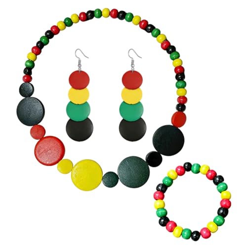 ONLYJUMP Colorful Ethnic Wooden Jewelry Set for Women Round Statement Dangle Earrings Multilayered Geometric Beaded Bracelet Necklace Exaggerated Tribal Style Jewelry - color: Colorful A