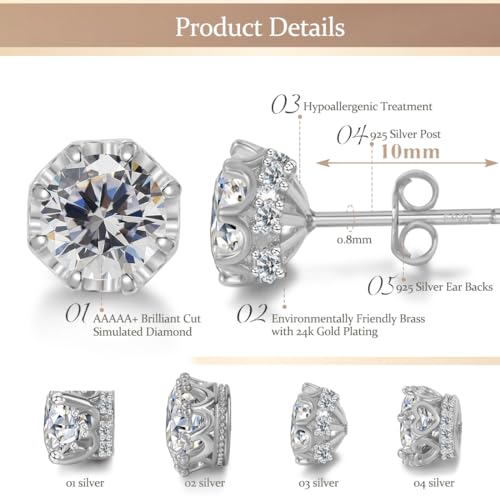Hypoallergenic Cubic Zirconia Stud Earrings for Women & Men 24K Gold Plated Sterling Silver Post, CZ Simulated Diamond Halo Studs Sensitive Ear Friendly Gift (ED-31) - color: White Gold 03