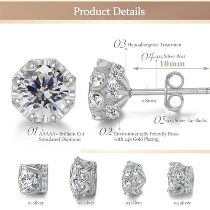 Hypoallergenic Cubic Zirconia Stud Earrings for Women & Men 24K Gold Plated Sterling Silver Post, CZ Simulated Diamond Halo Studs Sensitive Ear Friendly Gift (ED-31) - color: White Gold 03