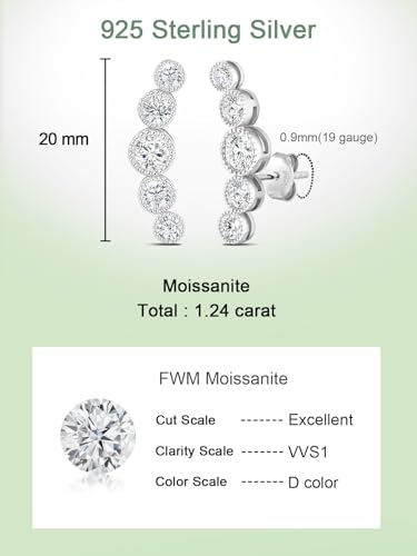 Moissanite 20mm Butterlfy/Flower/Leaf/Bezel Crawler Stud Earrings for Women, 925 Sterling Silver with Gold Plated, Hypoallergenic Cartilage Earrings, Valentines Birthday Anniversary Wedding Gift - color: Bezel Setting - Millgrain - White Gold