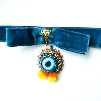 Blue Orange Beadwoven Eye Pendant Choker Velvet Halloween Embroidered Eye Fall Autumn