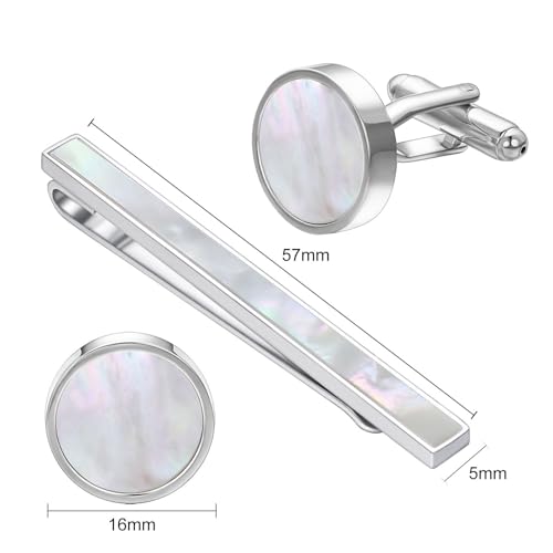 Shell Tie Clip Cufflinks Set for Men Business Gold Silver Tie Bar Cuffs Wedding Party Suit Jewelry Gift - style: Silver