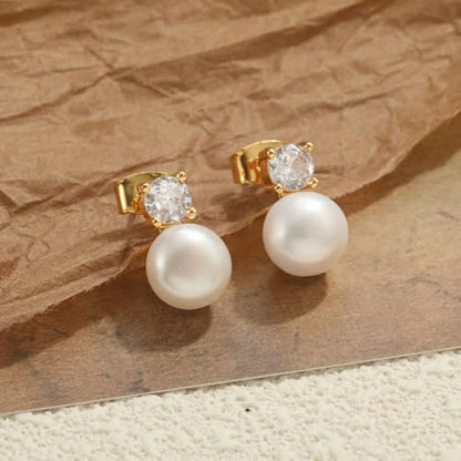 WFYOU Pearl Earrings for Women 925 Sterling Silver Stud Earring | 14K Gold Plated Hypoallergenic Stud Earrings, White Diamond Dainty Bridal Earring, Trendy Jewelry, Wedding Party Gifts - color: Gold B, size: 6mm