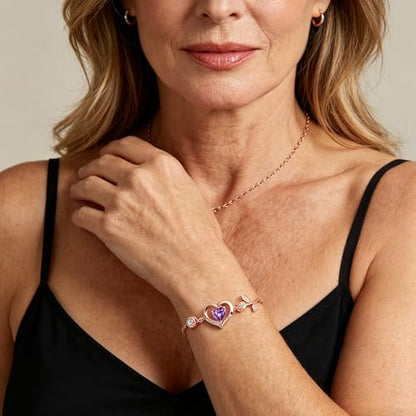 1CT Rose Heart Birthstone Bracelet for Women Love Gift - style: 02-Feb Dark Purple Rose Gold