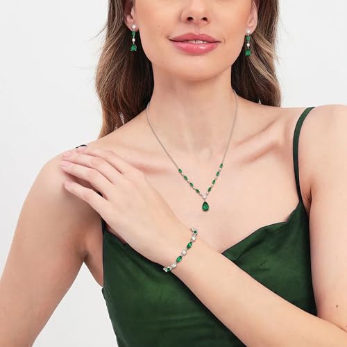 Teardrop Marquise Cubic Zirconia Wedding Prom Jewelry Set for Women Bridal | Silver/Gold/Rose Gold Plated, Pear Cut Pendant Necklace Drop Earrings Link Bracelet, for Bride Bridesmaid, for Banquet Party - style: B_Three Set, Green Silver-Tone (Teardrop)