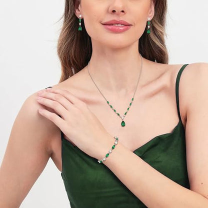 Teardrop Marquise Cubic Zirconia Wedding Prom Jewelry Set for Women Bridal | Silver/Gold/Rose Gold Plated, Pear Cut Pendant Necklace Drop Earrings Link Bracelet, for Bride Bridesmaid, for Banquet Party - style: B_Three Set, Green Silver-Tone (Teardrop)