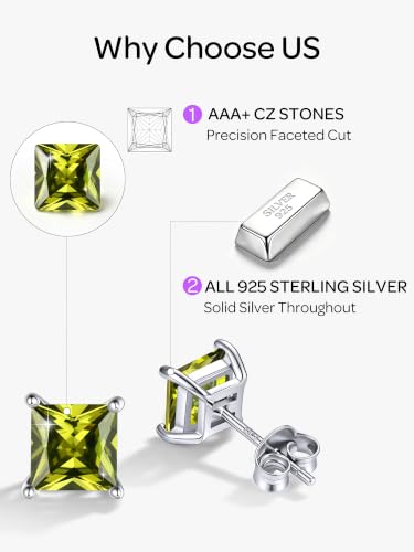 ChicSilver 925 Sterling Silver Earrings Sparkling Heart/Round/Princess Cut Birthstone Earrings for Women Birthday Jewelry with Gift Box - style: A.August(Peridot)-Princess Cut