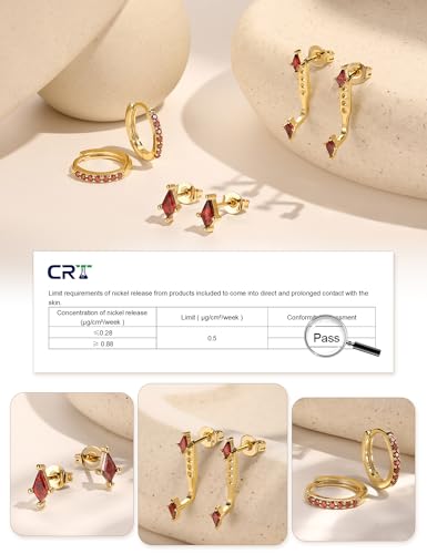 3 Pairs Stackable Kite Stud Earrings Set for Women Trendy | Dainty Birthstone Stud Gold & 925 Sterling Silver Huggie Hoop Jacket Stack Earrings for Women 2026 - color: Gold-Red Ruby