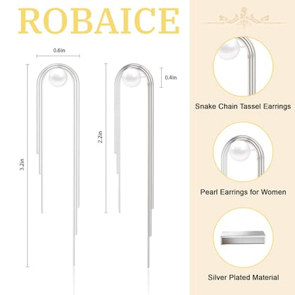 Robaice 14K Gold Plated Dangle Earrings for Women, Long Drop Earrings | Dainty Tassel Earrings Trendy, Hypoallergenic Dangling Lip Block Snake Chain, Threader Earrings for Women, Jewelry Gifts - color: Silver 1