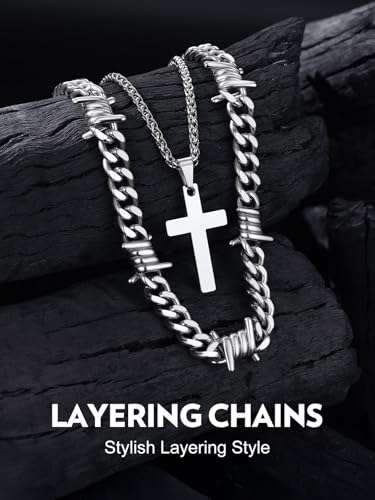 Bandmax Stainless Steel Barbed Wire Cuban Chain Necklace for Men & Women | Edgy Fierce Design, Waterproof & Tarnish Resistant, Silver/Black Tone, 5/7/9/12MM, 16-22 Inches, Street Punk Style Jewelry - color: A4 9MM+Layering Cross-Silver, size: 16 Inch (40c