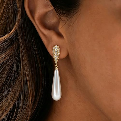 Pearl Earrings for Women Trendy, 14k Gold Plated Freshwater CZ Leaf Pearl Dangle Drop Gold Earrings Lightweight Hypoallergenic Stud Earring Bridesmaid Wedding Gold Jewelry for Women Gifts - style: long pearl earrings