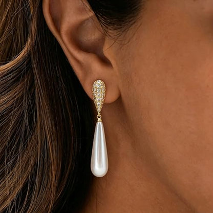 Pearl Earrings for Women Trendy, 14k Gold Plated Freshwater CZ Leaf Pearl Dangle Drop Gold Earrings Lightweight Hypoallergenic Stud Earring Bridesmaid Wedding Gold Jewelry for Women Gifts - style: long pearl earrings