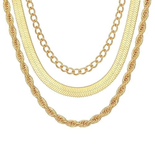 Evabelle Gold Layered Necklace for Women Trendy Jewelry 14K Real Gold Plated Chunky Chain Stackable Necklaces Dainty Choker Necklaces Rectangle Square Pendant - color: Gold Necklace 12