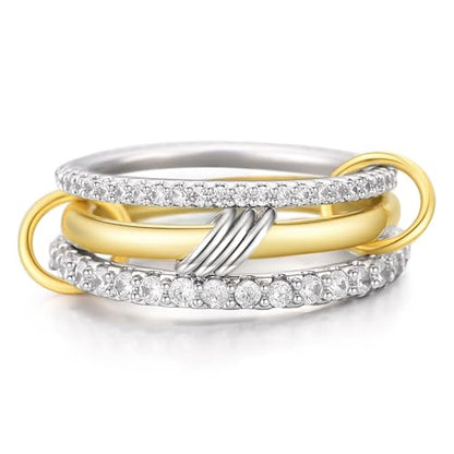 14K Gold Interlocking Stackable Rings for Women – Silver Gold Stack Ring Set with CZ, Two Tone Interlocked Stacked Ring, Multi-layer Statement Ring Jewelry - color: Upgraded 14K Gold&Silver CZ(3Layer), size: 5