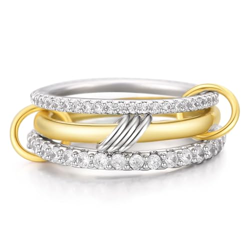 14K Gold Interlocking Stackable Rings for Women – Silver Gold Stack Ring Set with CZ, Two Tone Interlocked Stacked Ring, Multi-layer Statement Ring Jewelry - color: Upgraded 14K Gold&Silver CZ(3Layer), size: 7