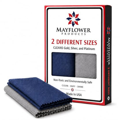 Mayflower Premium Jewelry Polishing Cloth Set of Two. Made in USA. Non Toxic Cleaning Formula -100% Ultra-Soft Cotton. Shines Silver, Gold, Platinum, Diamond Rings, Jewelry, Watches, Coins & Heirlooms - color: Grey and Blue