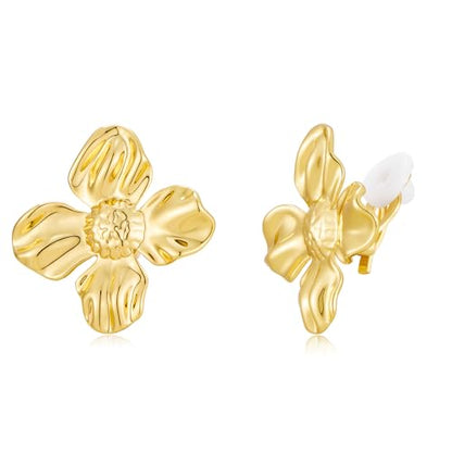 Chunky Flower Clip on Earrings for Women 14K Gold Plated No Piercing Floral Stud Earring Lightweight Jewelry Gifts - color: Flower-A-gold