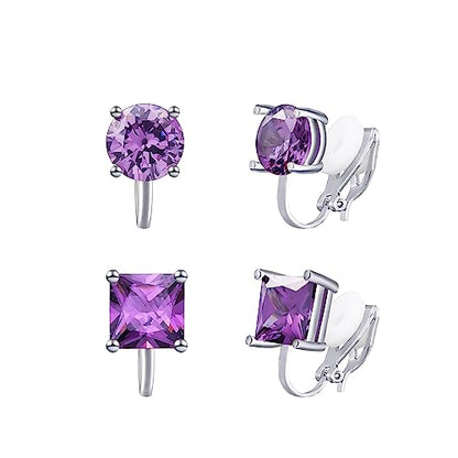 YOQUCOL 2 Pairs 8MM Cubic Zirconia Crystal Clip On Stud Earrings Non Pierced Stud Earrings For Women - color: Purple