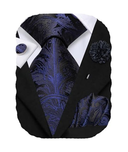 Hi-Tie Men's Silk Ties Formal Woven Classic Necktie Pocket Square Cufflinks Lapel Pin Set Wedding Business - color: A Navy Blue and Black