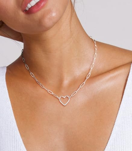 Dainty Heart Necklace for Women, 14k Gold Plated/Rose Gold/Silver Tiny Cute Heart Pendant Necklace Minimalist Choker CZ Necklace Jewelry Gifts for Women - style: Paperclip Heart-sl