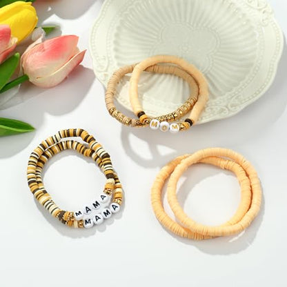 Elegance 11 designs Heishi Beaded Bracelets For Women Polymer Clay Colorful Surfer Stackable Beads Boho Bracelet Summer Beach Jewelry - color: Khaki pink